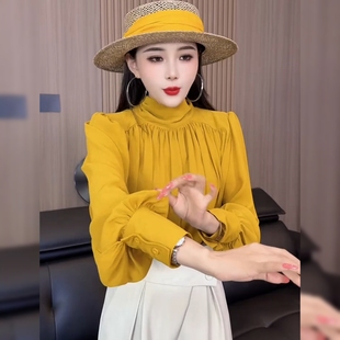 法式别致飘带黄色衬衣女春夏新款高级感气质炸街宽松休闲洋气上衣