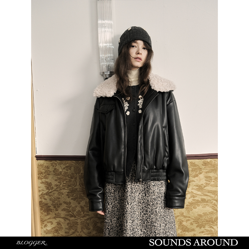 【明星同款】SOUNDS AROUND 复古加厚夹棉皮衣夹克外套可拆卸毛领