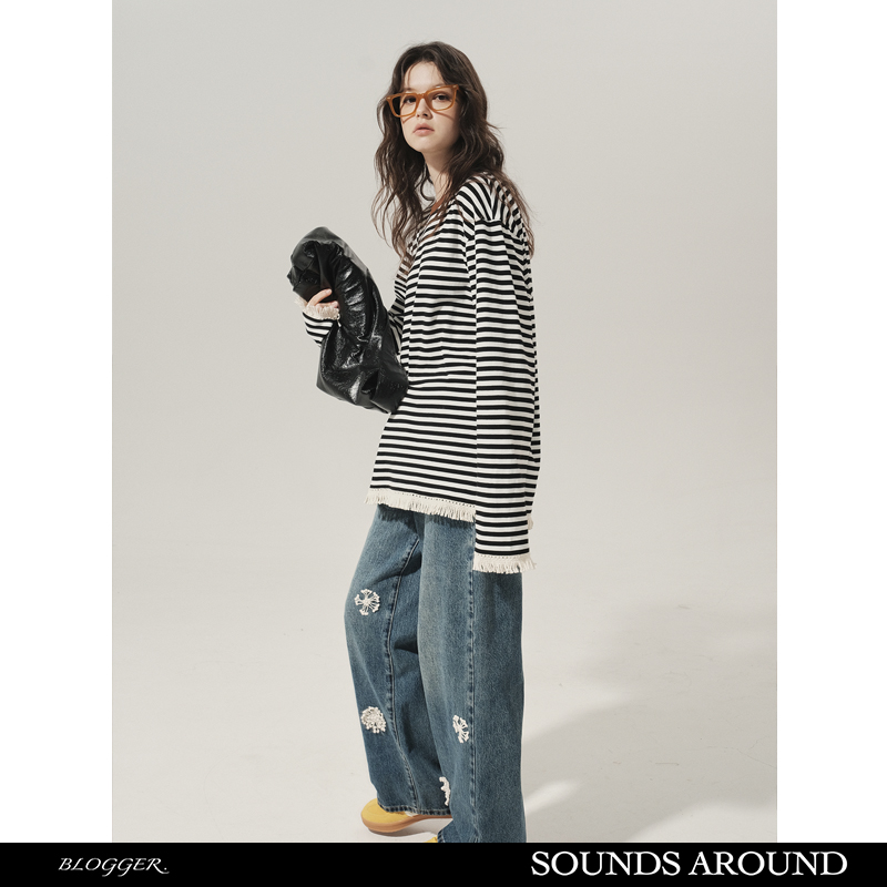 流浪系列慵懒风 流苏经典条纹圆领套头T恤 原创设计SOUNDS AROUND