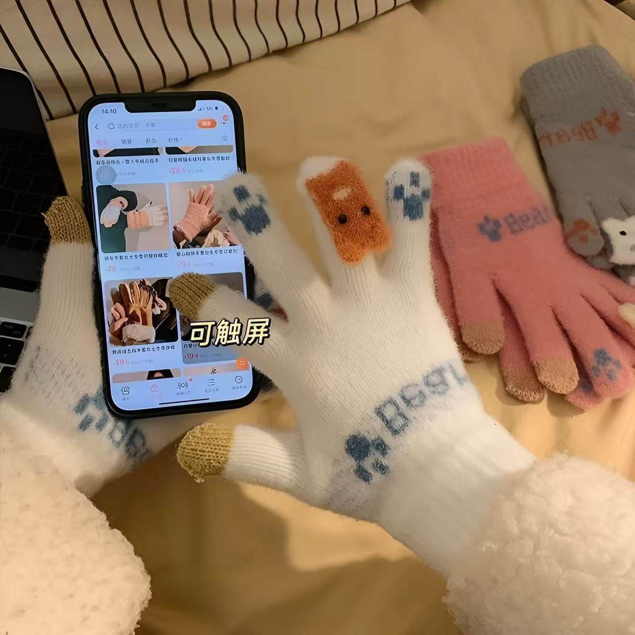 女生秋冬天保暖手套加绒加厚外出骑车全指针织毛线卡通可爱可触屏