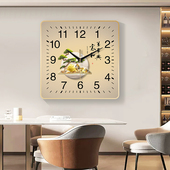 方形挂钟客厅卧室办公室静音时钟免打孔简约迎客松装 饰画创意钟表