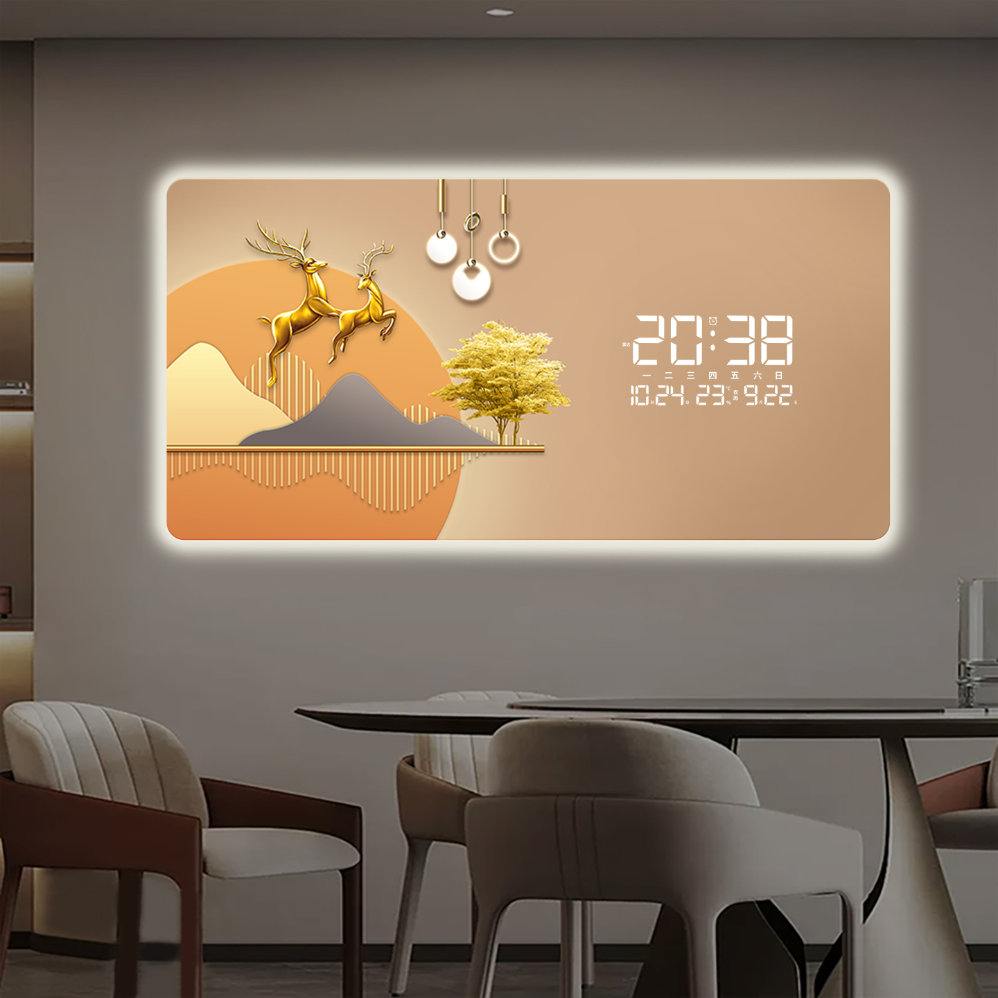 2025新款客厅装饰画挂钟电子钟免打孔LED万年历现代简约壁画时钟