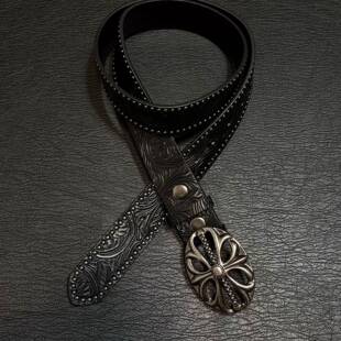 小心袖口腰带Vintage中古暗黑铆钉雕花皮带小众做旧金属扣头腰带