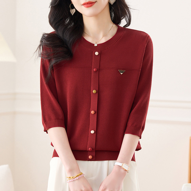 七分袖上衣女中袖红色t恤时尚妈妈春装2025年新款春秋冰丝针织衫