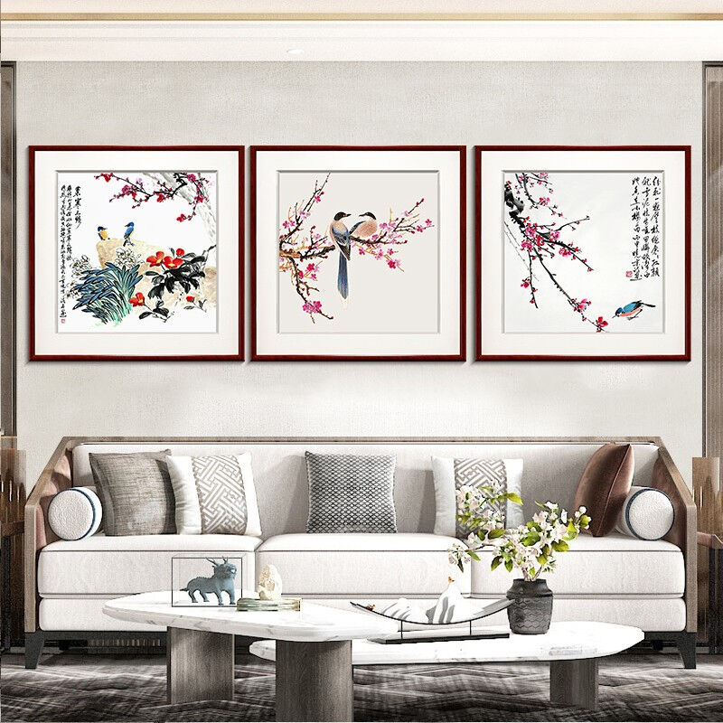 紫腾随轩新中式水墨花鸟图客厅背景墙装饰画餐厅饭厅挂画玄关卧室