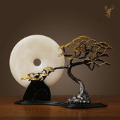 天然玉石平安扣松树摆件新中式 玄关禅意客厅角几家居书房博古架酒