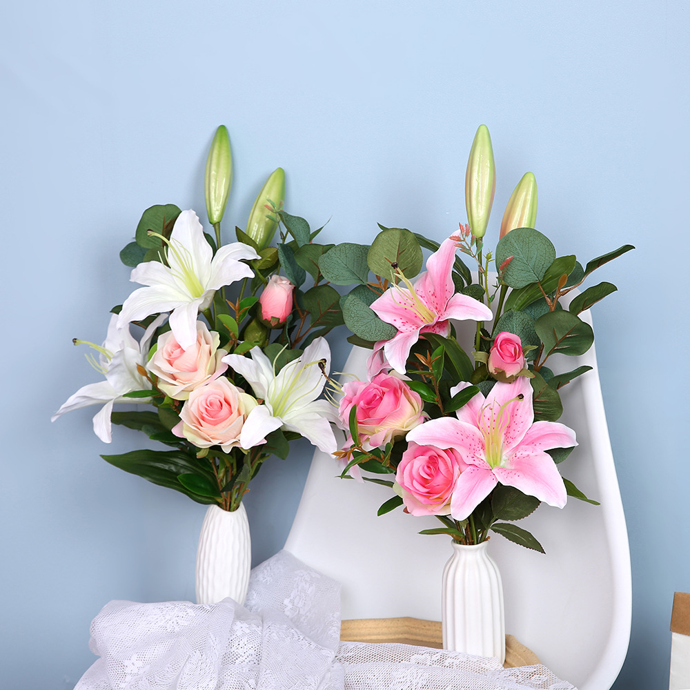 仿真花玫瑰百合手捧扇形花假花束花婚礼婚庆摄影道具客厅餐桌摆件