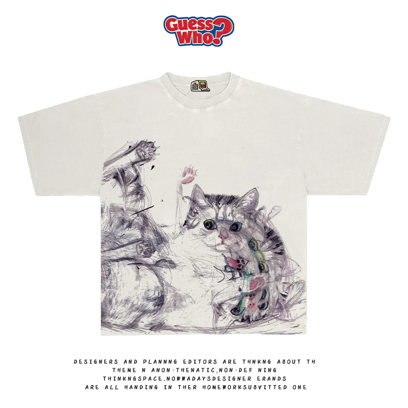 萬物All Nature 美式复古重磅270克素描小猫小众艺术感短袖t恤tee