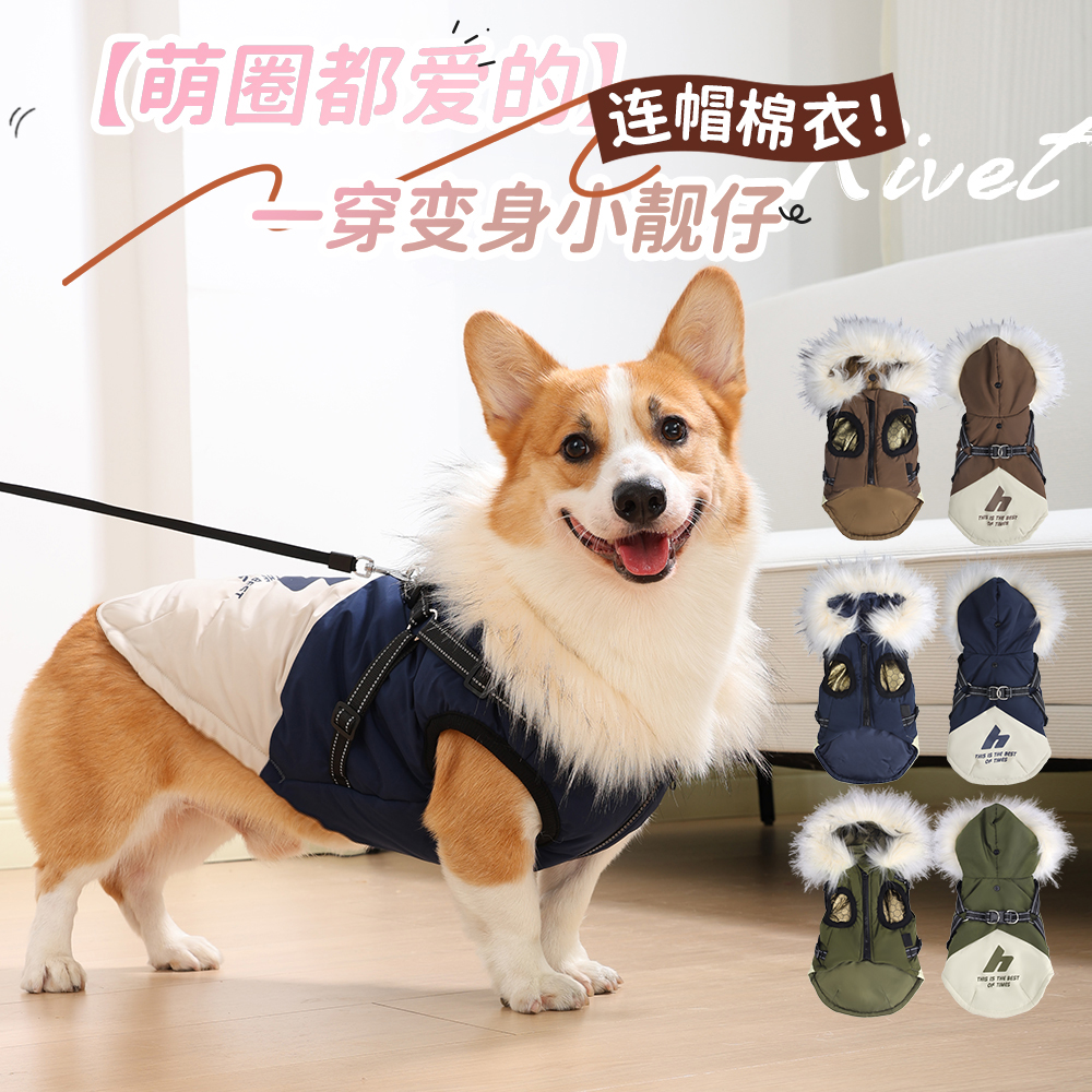 柯基衣服秋冬季中小型犬柴犬边牧外出保暖防寒可牵引棉服遛狗背心