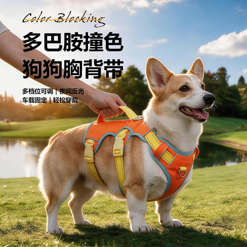 狗狗牵引绳防挣脱胸背带可调节中大型狗狗柯基金毛柴犬外出遛狗绳图片