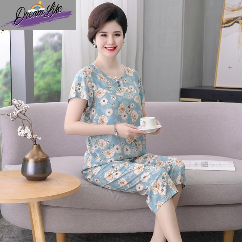 棉绸睡衣女夏季薄款中老年妈妈绵绸家居服套装老人短袖大尺码人造