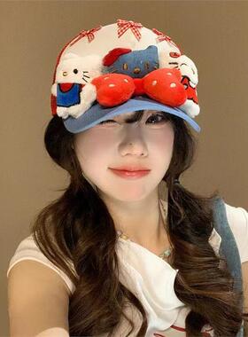 2025新款可爱helloKiy猫蝴蝶结鸭舌帽子女亚比显脸小透气棒球帽