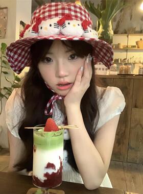 hellokiy渔夫帽女防晒防紫外线y2k凯蒂猫红格子甜妹出游遮阳帽