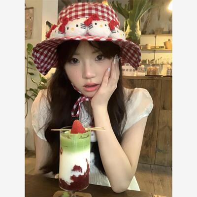 hellokiy渔夫帽女防晒防紫外线y2k凯蒂猫红格子甜妹出游遮阳帽