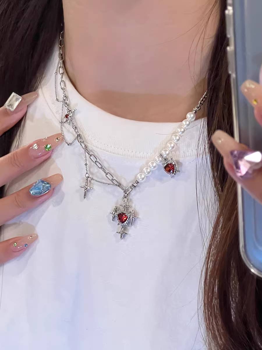 失眠艺术家暗黑十字架红宝石吊坠珍珠链条流苏y2k辣妹项链choker