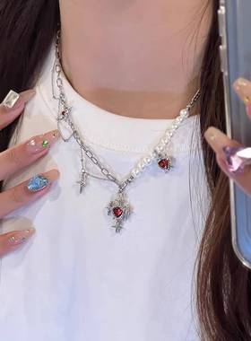 失眠艺术家暗黑十字架红宝石吊坠珍珠链条流苏y2k辣妹项链choker