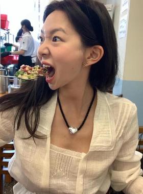 fever同款银色小爱心麻绳项链可调节设计 简约桃心choker辣妹