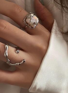 月光森林戒指女子珍珠冷风开口可调戒指小众设计高端食指戒指