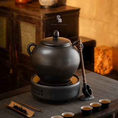 空隐新中式茶馆茶具炭火煮茶釜耐高温烧水壶黑晶炉煮茶套装罐炭烧