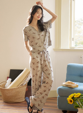 微醺小姐睡衣女套装V领夏装2025年新款夏季可外穿短袖灰色家居服