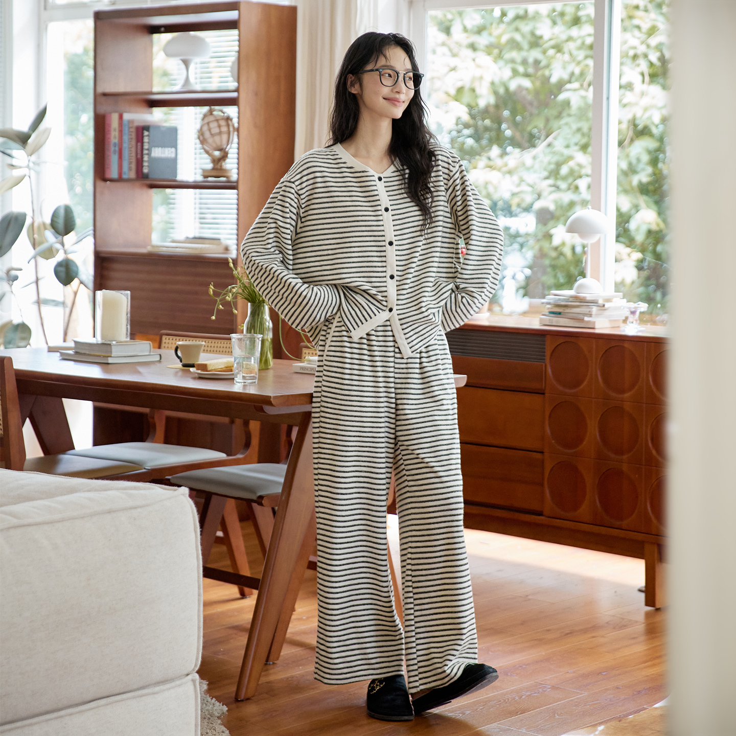 微醺小姐弹力长袖可外穿睡衣套装