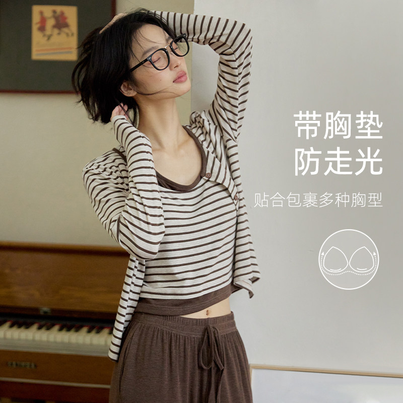 微醺小姐带胸垫睡衣女套装春秋装2025新款春秋季条纹长袖家居服,女士内衣/男士内衣/家居服,睡衣/家居服套装,淘宝优惠券,粉丝福利购,淘宝优惠卷