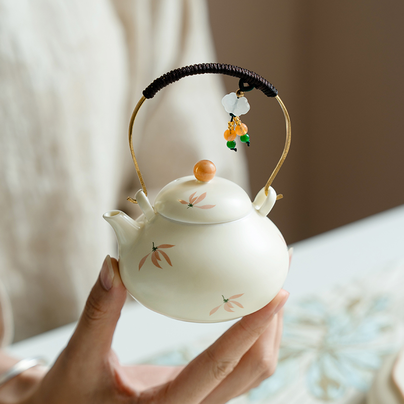 观策器隐米黄粉兰花陶瓷提梁壶大容量茶壶单壶家用煮茶壶中式茶具
