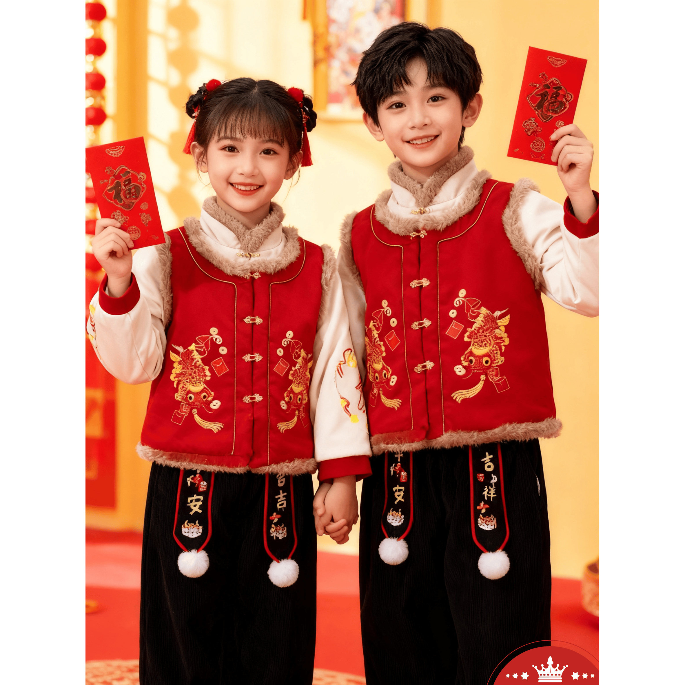 儿童新年男童拜年女童汉服儿童冬装过年喜庆周岁宝宝套装唐装礼服