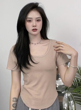 夏季简约修身纯色百搭u领短袖T恤女韩版不规则甜美短款显瘦上衣