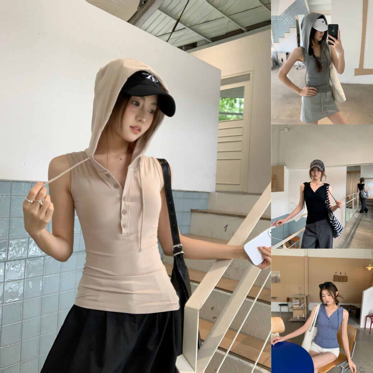 美式辣妹半开扣连帽抽绳T恤新款收腰显瘦夏无袖背心上衣女26214
