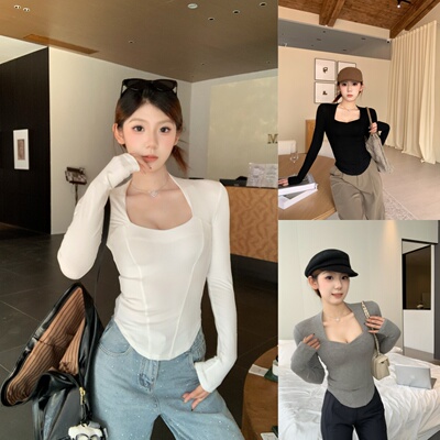 纯欲方领鱼骨坎肩长袖T恤女春季设计感修身百搭显瘦辣妹上衣26009
