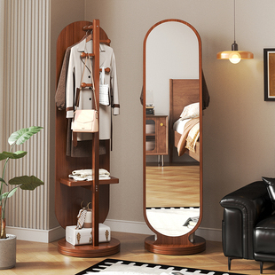 卧室可旋转移动试衣镜实木全身镜落地镜衣帽间挂衣架一体穿衣镜子