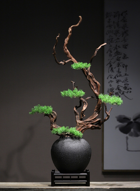 新中式仿真迎客松盆景禅意摆件枯木花艺术装饰玄关茶室博古架酒店