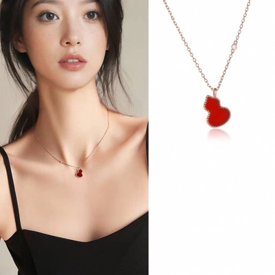 S925纯银红色葫芦项链女18k玫瑰金中国红吊坠轻奢个性锁骨链送礼