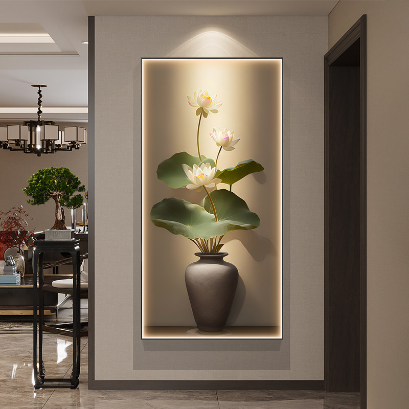 新中式入户玄关装饰画光影荷叶莲花LED灯光画正对门走廊过道壁画