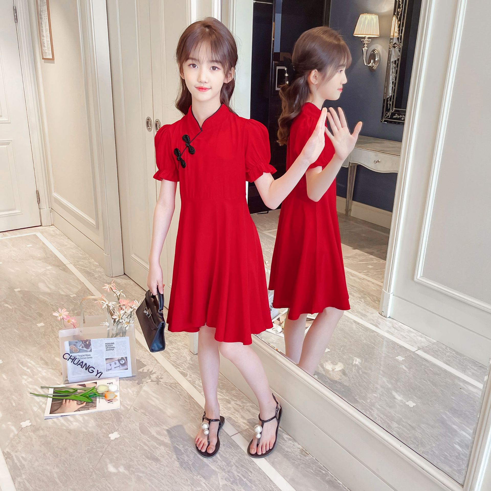 2024新款夏季女童唐装红色短袖礼服连衣裙
