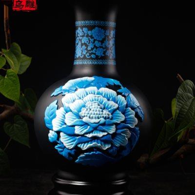 金乌炭雕 富贵芙蓉天球瓶 炭雕家居玄关客厅电视柜摆件花瓶工艺品