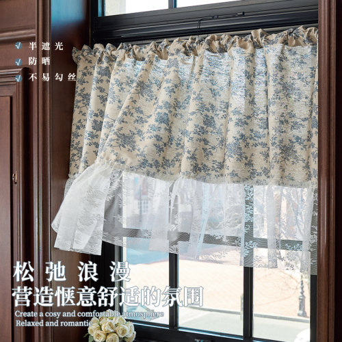 免打孔田园青花半遮光半帘门帘蕾丝隔断半截遮挡小窗帘