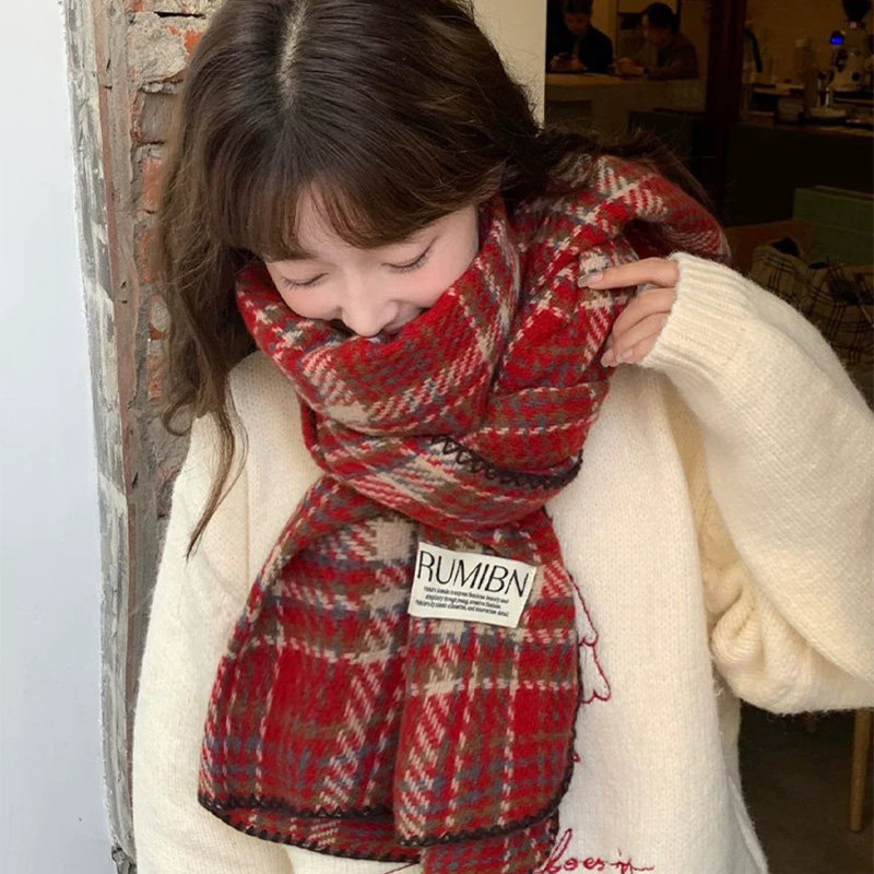 圣诞围巾冬季保暖女韩版百搭潮新年礼物送人红色喜庆流苏格子围脖