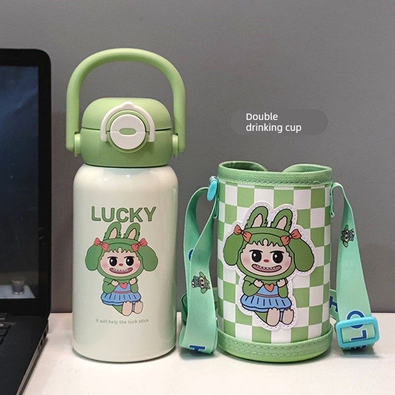 水杯不锈钢双饮杯儿童直饮带吸管两用学生水壶卡通便捷保温杯子