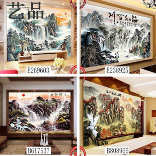 农村户外迎门影壁墙画庭院瓷砖中式电视背景墙瓷砖山水画风景客厅