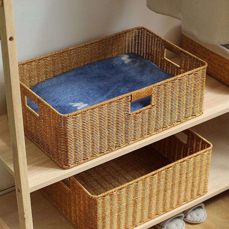 彷藤编收纳筐长方形客厅电视柜茶几抽屉整理篮玄关杂物收纳储物筐