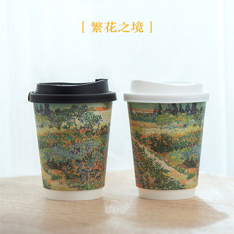 梵高食品级400ml热饮杯外带防烫高档商用纸杯一次性咖啡杯子带盖