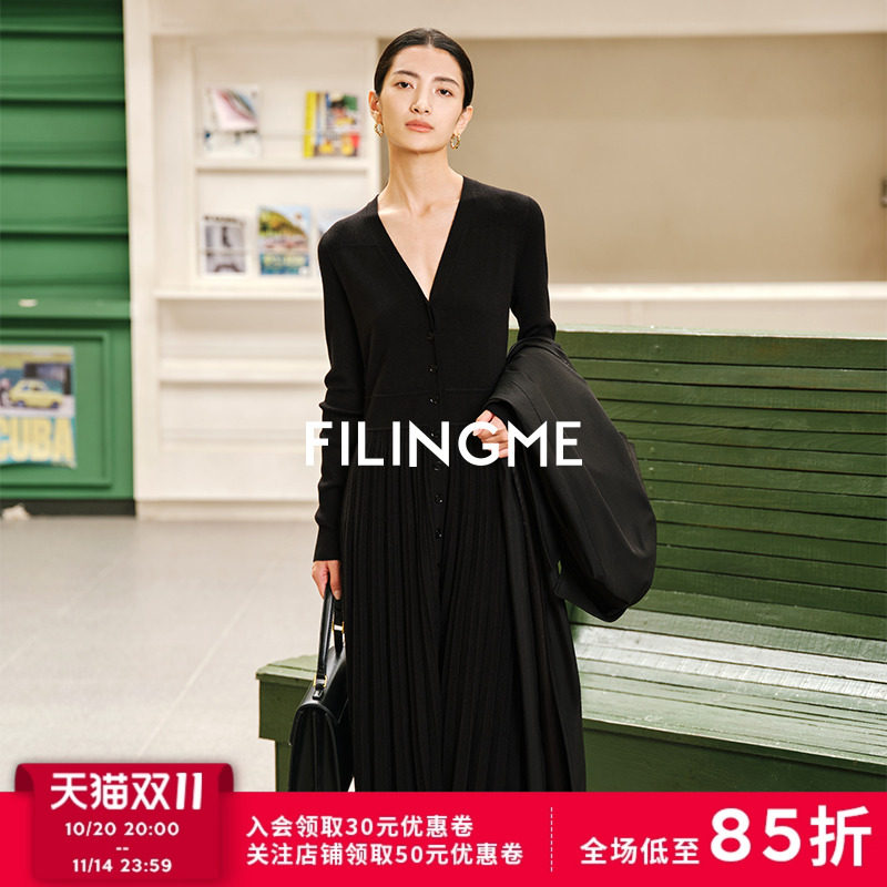 菲埃琳FILINGME 秋冬设计感美丽诺羊毛针织连衣裙显瘦打底V领长裙
