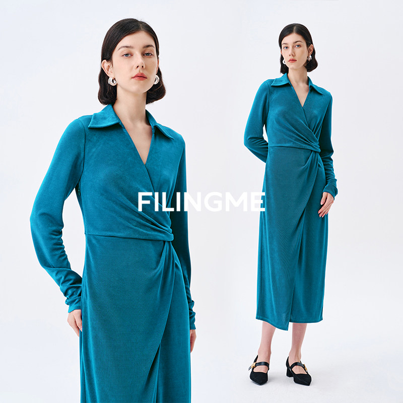 菲埃琳FILINGME 26秋装醋酸针织不规则围裹式V领设计感高腰连衣裙