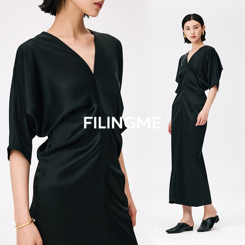 菲埃琳FILINGME 26夏装新款时尚设计感立体堆褶中袖醋酸连衣裙