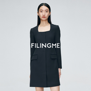 菲埃琳FILINGME25春装 连衣裙女 新款 高级感复古通勤方领短裙长袖