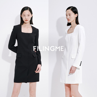 设计高级感复古通勤方领短裙长袖 菲埃琳FILINGME25春装 连衣裙女