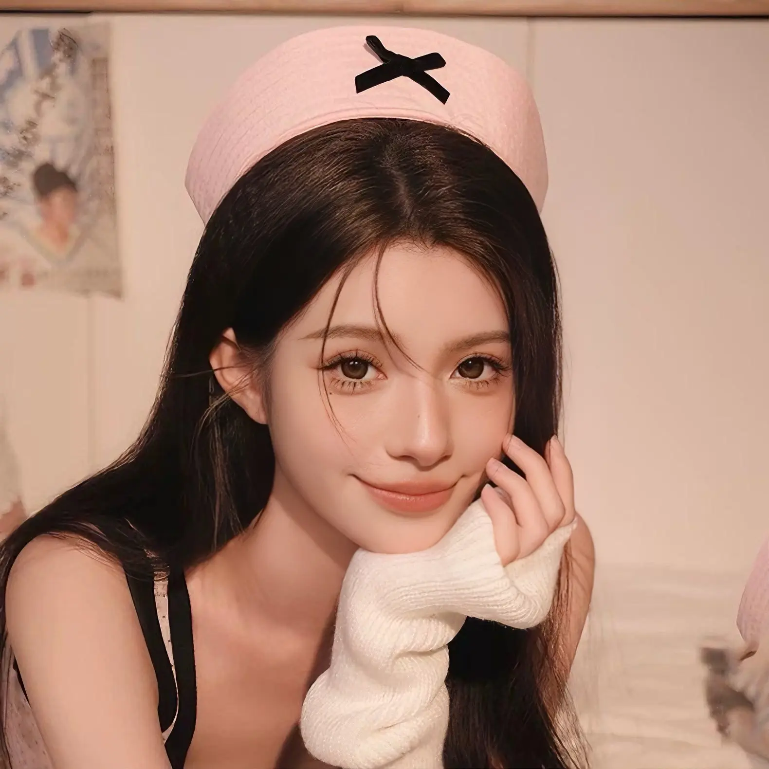 粉色蝴蝶结水手帽海子夏季可爱甜美护士帽cos贝雷帽