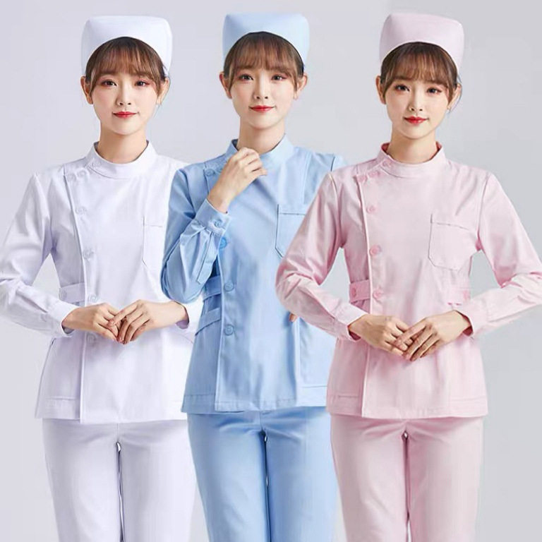 蓝色娃娃领护士服女款长袖分体套装短款两件套牙科口腔工作服厚款